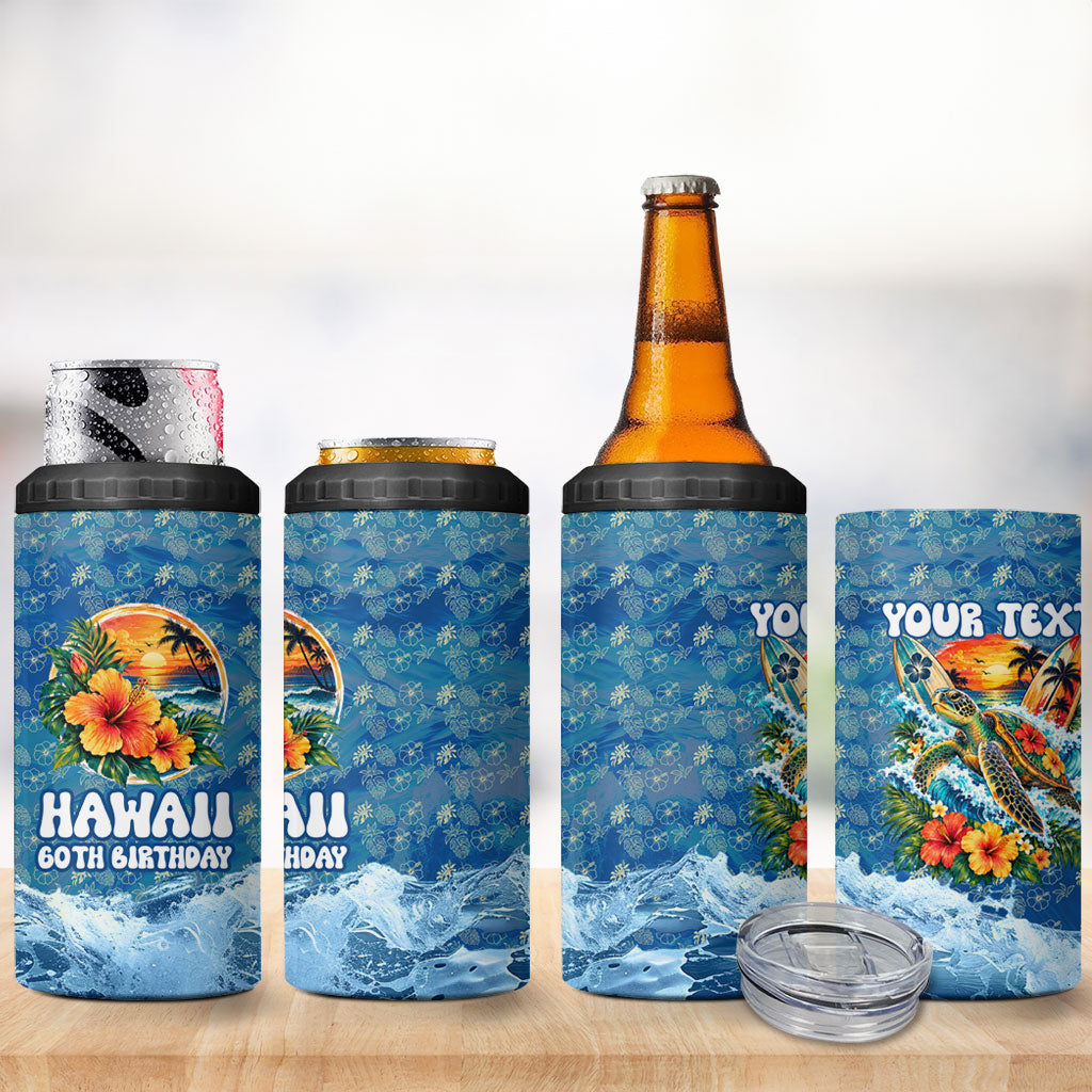 Personalized Hawaii 60th Birthday Sea Turtle 4 in 1 Can Cooler Tumbler Tropical Ocean Wave Floral Surfboard TS04 - Polynesian Pride