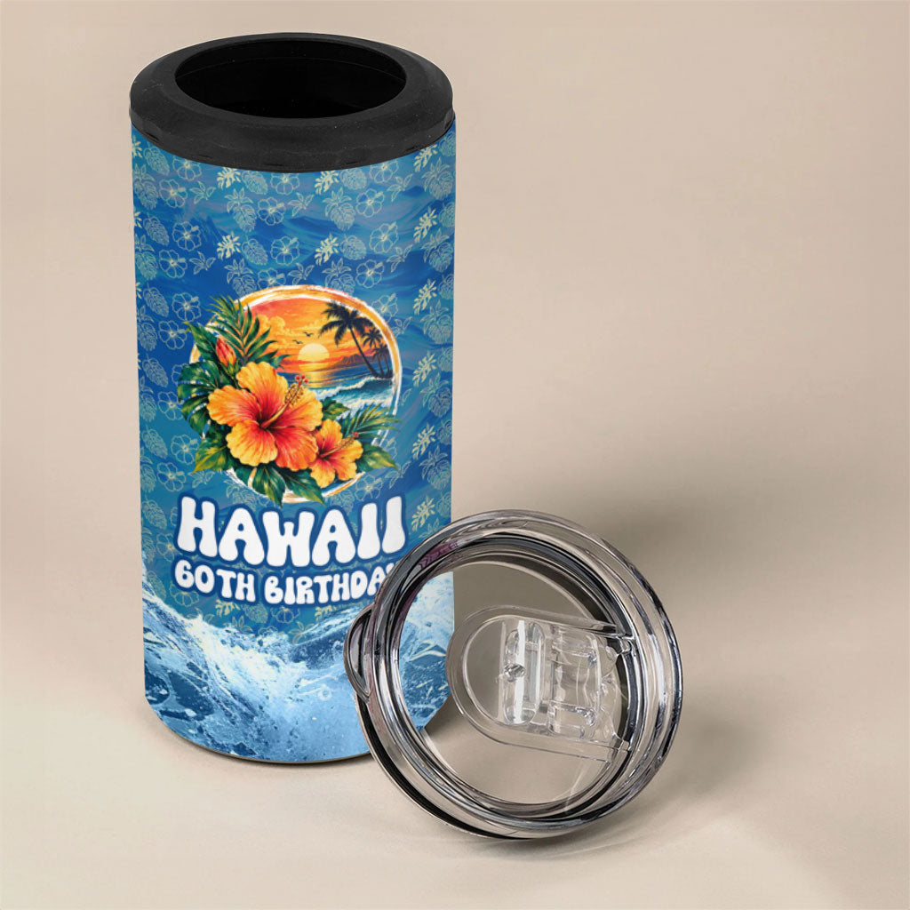 Personalized Hawaii 60th Birthday Sea Turtle 4 in 1 Can Cooler Tumbler Tropical Ocean Wave Floral Surfboard TS04 - Polynesian Pride