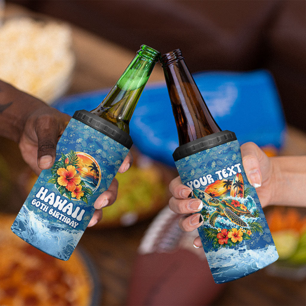 Personalized Hawaii 60th Birthday Sea Turtle 4 in 1 Can Cooler Tumbler Tropical Ocean Wave Floral Surfboard TS04 - Polynesian Pride