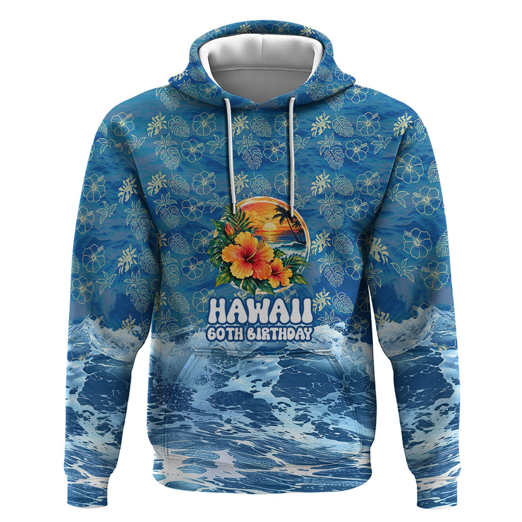 Personalized Hawaii 60th Birthday Sea Turtle Hoodie Tropical Ocean Wave Floral Surfboard TS04 Pullover Hoodie Blue Yellow - Polynesian Pride