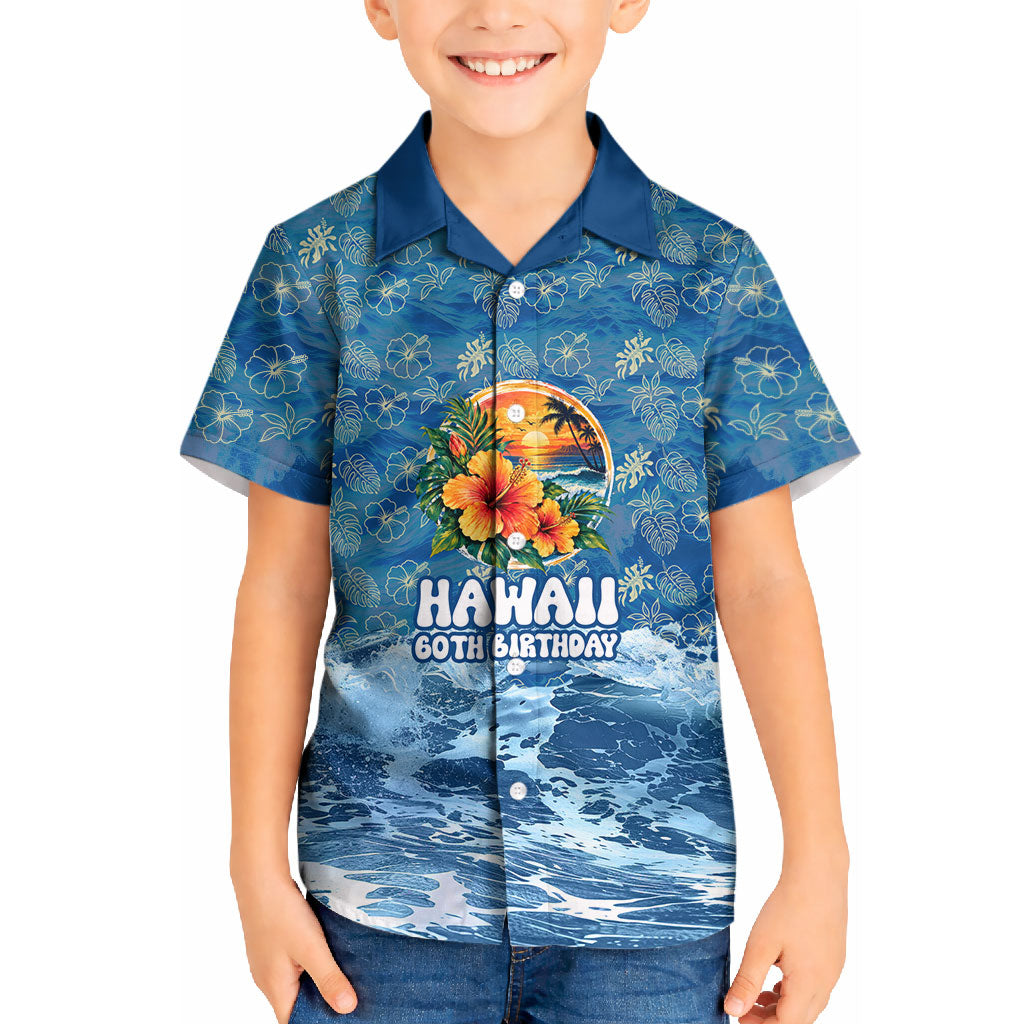 Personalized Hawaii 60th Birthday Sea Turtle Kid Hawaiian Shirt Tropical Ocean Wave Floral Surfboard TS04 Kid Blue Yellow - Polynesian Pride