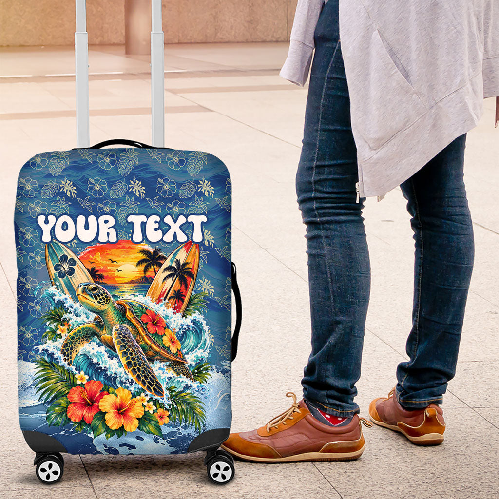 Personalized Hawaii 60th Birthday Sea Turtle Luggage Cover Tropical Ocean Wave Floral Surfboard TS04 Blue Yellow - Polynesian Pride
