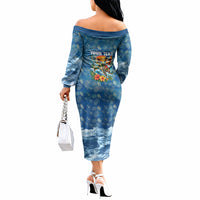 Personalized Hawaii 60th Birthday Sea Turtle Off The Shoulder Long Sleeve Dress Tropical Ocean Wave Floral Surfboard TS04 - Polynesian Pride