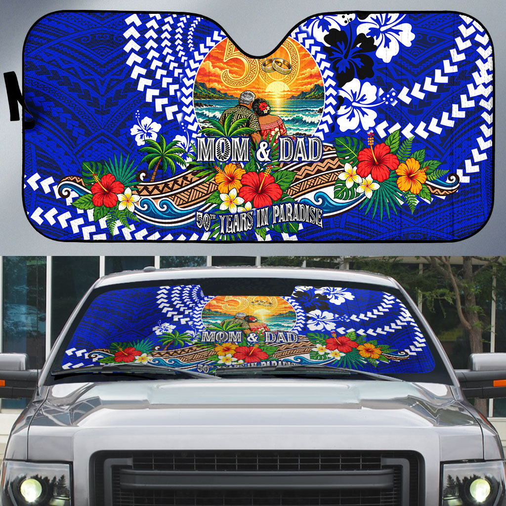 50th Anniversary Wedding Polynesian Auto Sun Shade Mom And Dad Floral Tribal Jubilee Tropical TS04 Blue - Polynesian Pride
