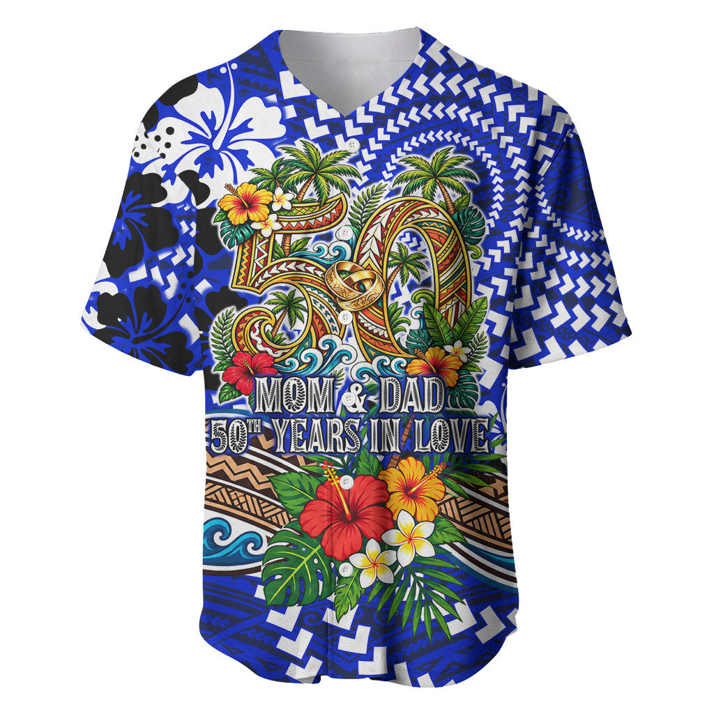 50th Anniversary Wedding Polynesian Baseball Jersey Mom And Dad Floral Tribal Jubilee Tropical TS04 Blue - Polynesian Pride