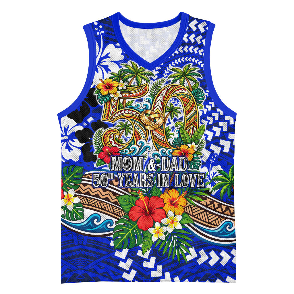 50th Anniversary Wedding Polynesian Basketball Jersey Mom And Dad Floral Tribal Jubilee Tropical TS04 Unisex Blue - Polynesian Pride