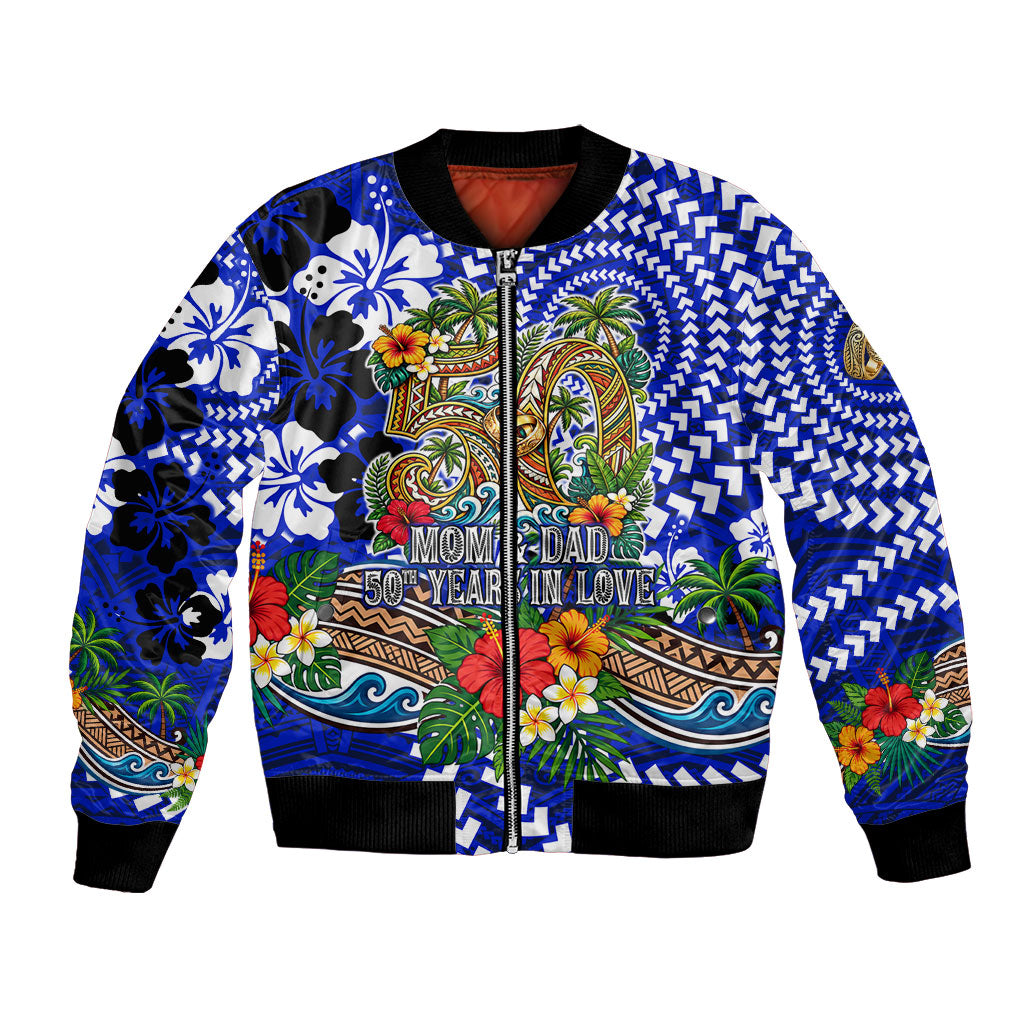 50th Anniversary Wedding Polynesian Bomber Jacket Mom And Dad Floral Tribal Jubilee Tropical TS04 Unisex Blue - Polynesian Pride