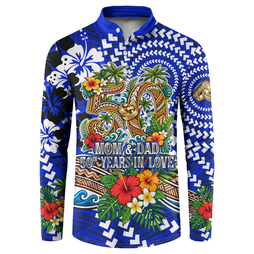 50th Anniversary Wedding Polynesian Button Sweatshirt Mom And Dad Floral Tribal Jubilee Tropical TS04 Blue - Polynesian Pride