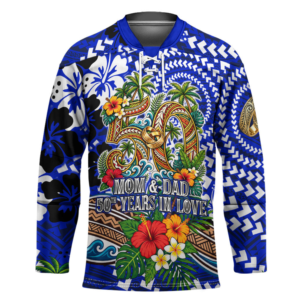 50th Anniversary Wedding Polynesian Hockey Jersey Mom And Dad Floral Tribal Jubilee Tropical TS04 Unisex Blue - Polynesian Pride