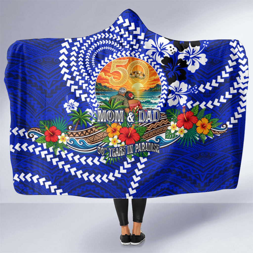 50th Anniversary Wedding Polynesian Hooded Blanket Mom And Dad Floral Tribal Jubilee Tropical TS04 One Size Blue - Polynesian Pride