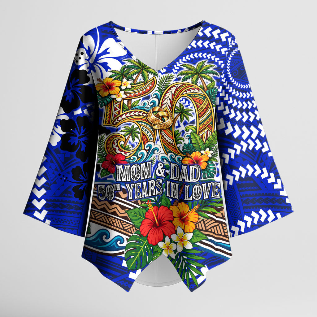 50th Anniversary Wedding Polynesian Kimono Sleeve Blouse Mom And Dad Floral Tribal Jubilee Tropical TS04 Female Blue - Polynesian Pride