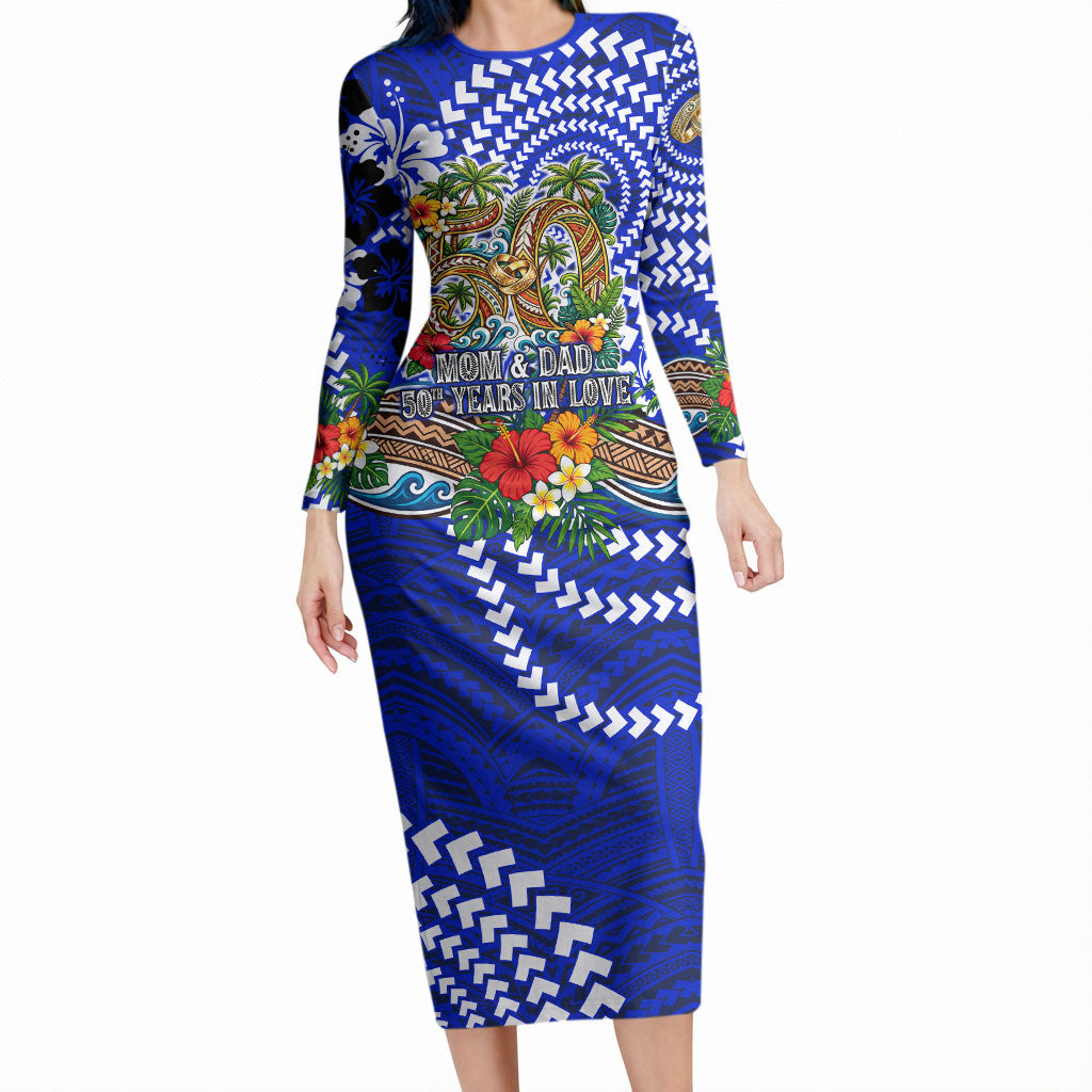 50th Anniversary Wedding Polynesian Long Sleeve Bodycon Dress Mom And Dad Floral Tribal Jubilee Tropical TS04 Long Dress Blue - Polynesian Pride