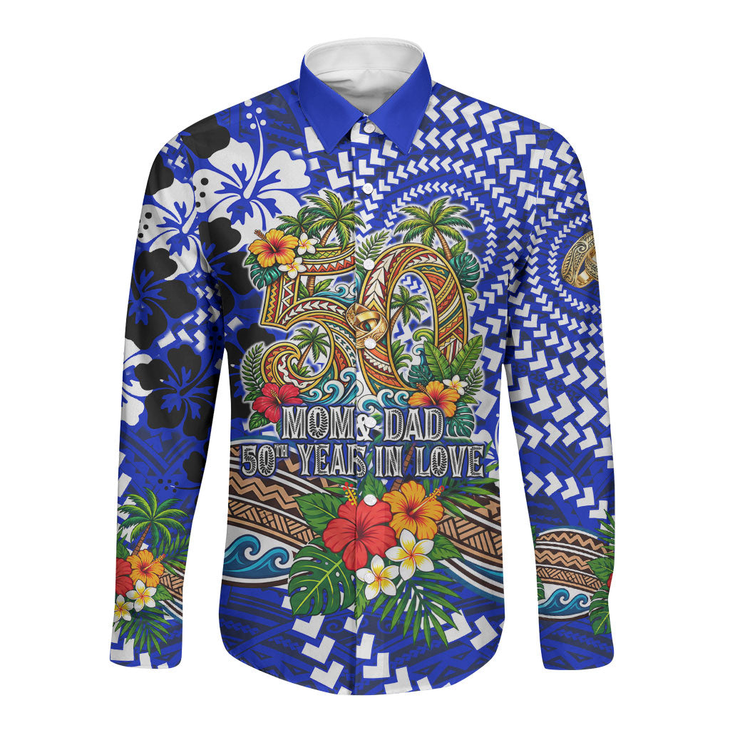50th Anniversary Wedding Polynesian Long Sleeve Button Shirt Mom And Dad Floral Tribal Jubilee Tropical TS04 Unisex Blue - Polynesian Pride
