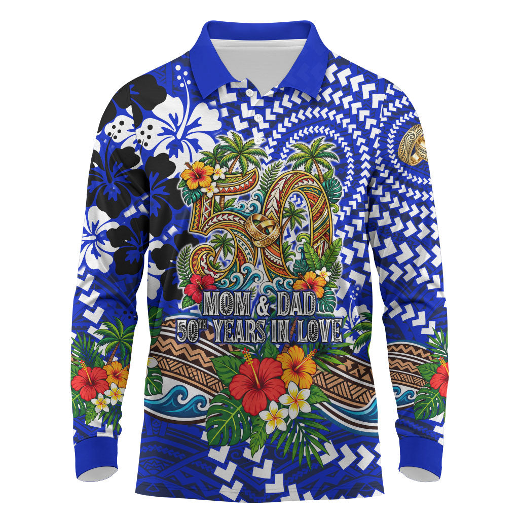 50th Anniversary Wedding Polynesian Long Sleeve Polo Shirt Mom And Dad Floral Tribal Jubilee Tropical TS04 Blue - Polynesian Pride