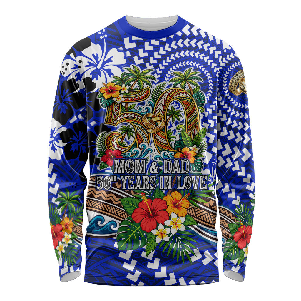 50th Anniversary Wedding Polynesian Long Sleeve Shirt Mom And Dad Floral Tribal Jubilee Tropical TS04 Unisex Blue - Polynesian Pride