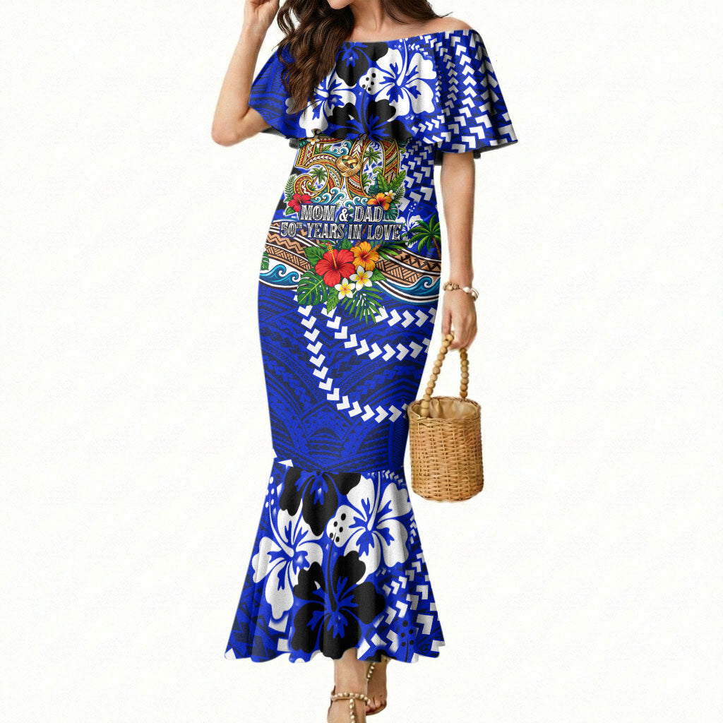 50th Anniversary Wedding Polynesian Mermaid Dress Mom And Dad Floral Tribal Jubilee Tropical TS04 Women Blue - Polynesian Pride