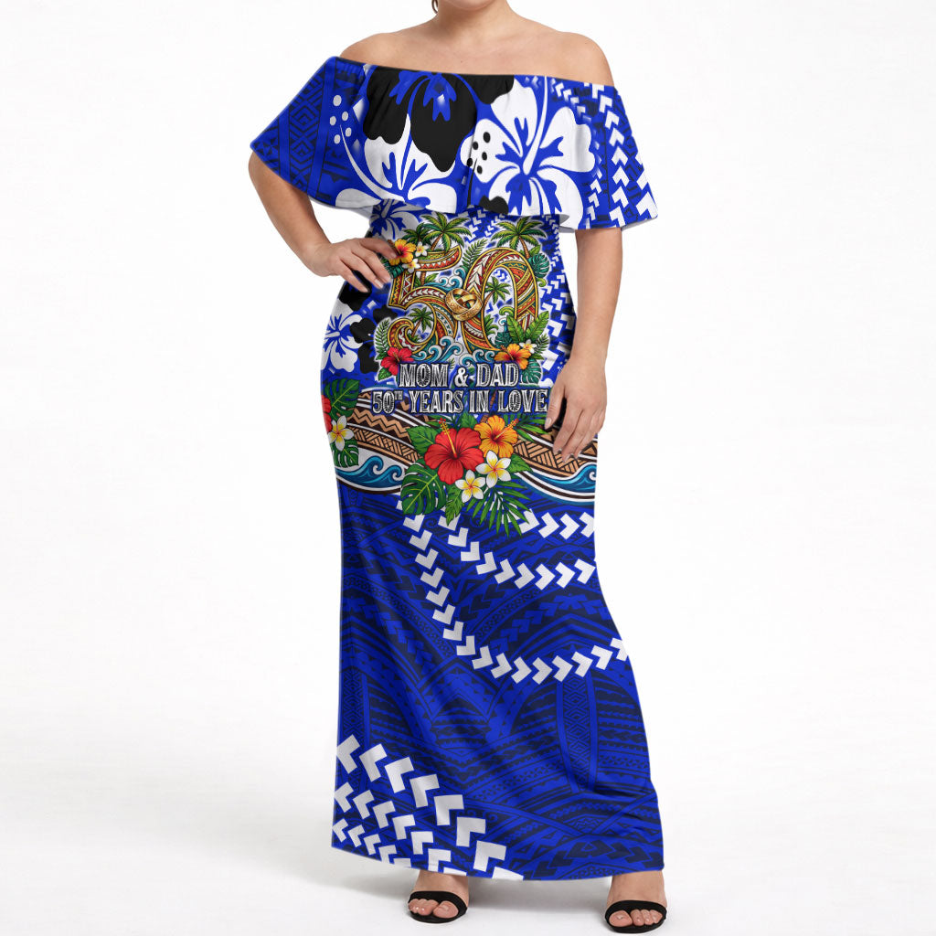 50th Anniversary Wedding Polynesian Off Shoulder Maxi Dress Mom And Dad Floral Tribal Jubilee Tropical TS04 Women Blue - Polynesian Pride