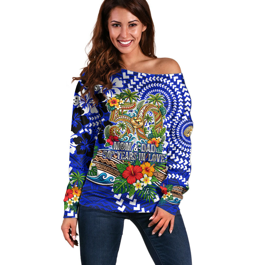 50th Anniversary Wedding Polynesian Off Shoulder Sweater Mom And Dad Floral Tribal Jubilee Tropical TS04 Women Blue - Polynesian Pride