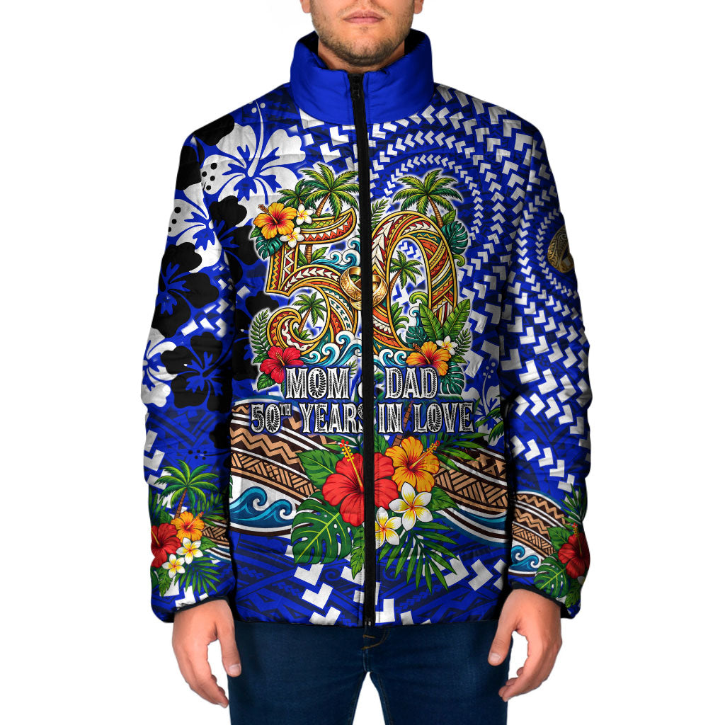 50th Anniversary Wedding Polynesian Padded Jacket Mom And Dad Floral Tribal Jubilee Tropical TS04 Men Blue - Polynesian Pride