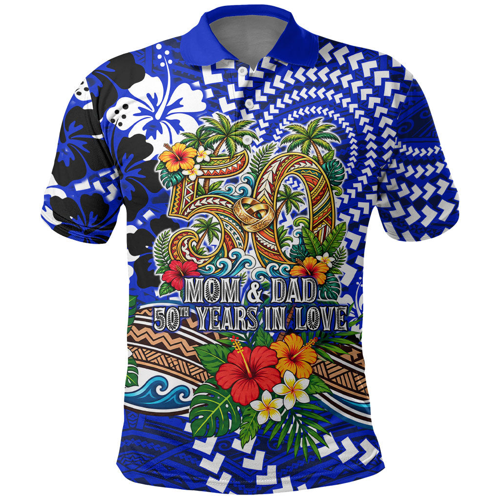 50th Anniversary Wedding Polynesian Polo Shirt Mom And Dad Floral Tribal Jubilee Tropical TS04 Blue - Polynesian Pride
