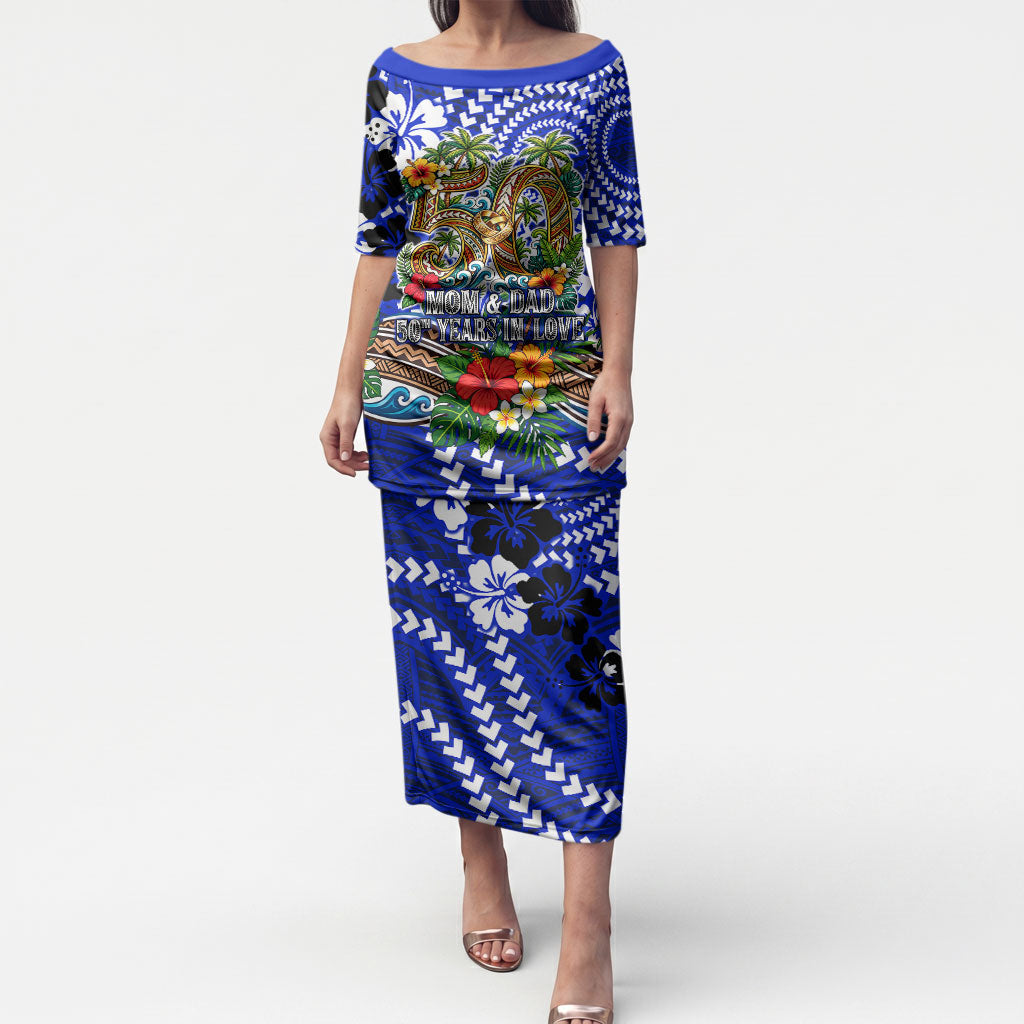 50th Anniversary Wedding Polynesian Puletasi Mom And Dad Floral Tribal Jubilee Tropical TS04 Long Dress Blue - Polynesian Pride