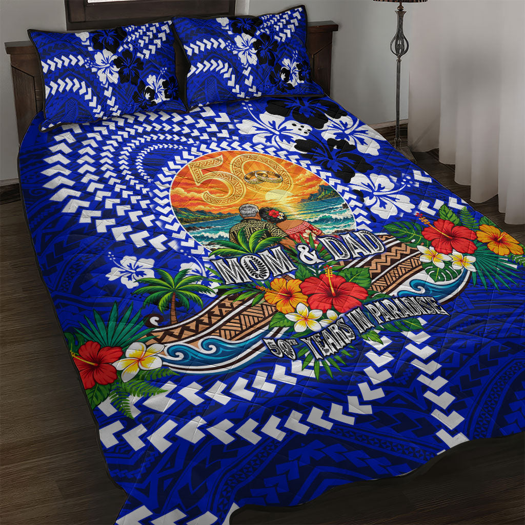 50th Anniversary Wedding Polynesian Quilt Bed Set Mom And Dad Floral Tribal Jubilee Tropical TS04 Blue - Polynesian Pride