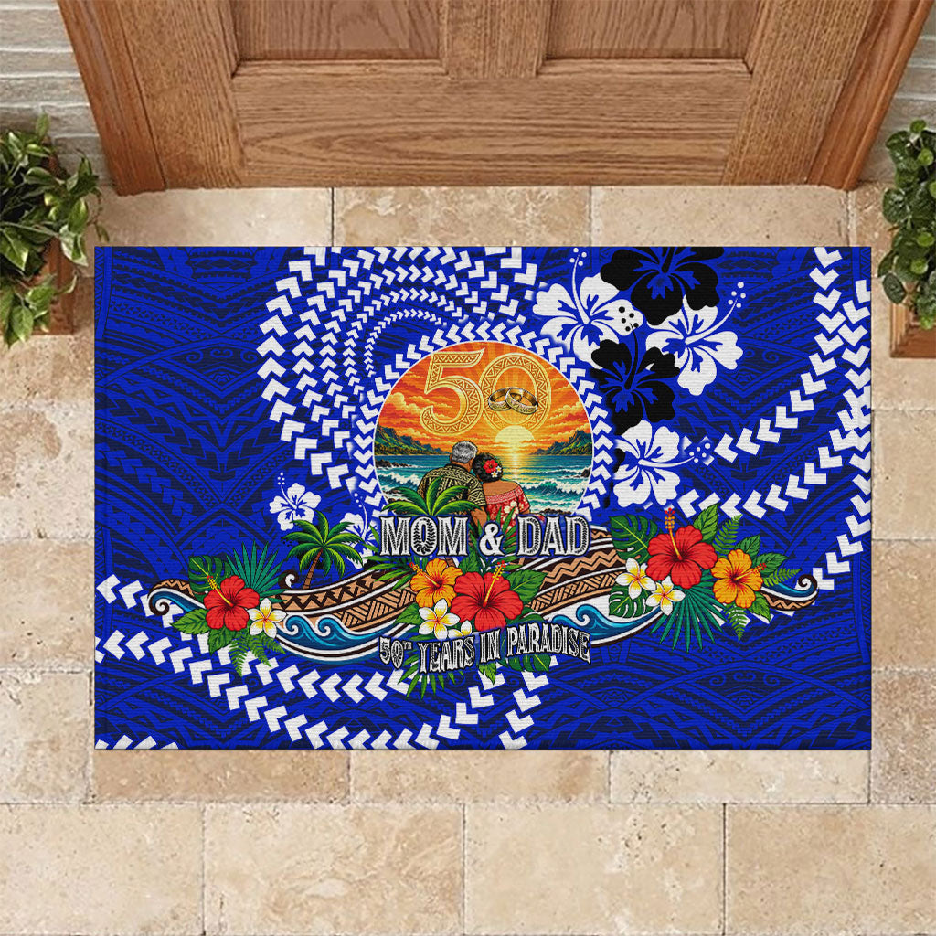 50th Anniversary Wedding Polynesian Rubber Doormat Mom And Dad Floral Tribal Jubilee Tropical TS04 Blue - Polynesian Pride