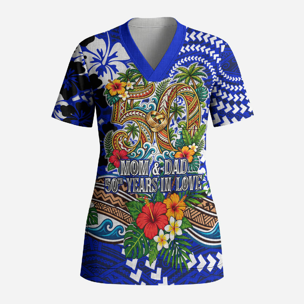 50th Anniversary Wedding Polynesian Scrub Top Mom And Dad Floral Tribal Jubilee Tropical TS04 Adult Blue - Polynesian Pride
