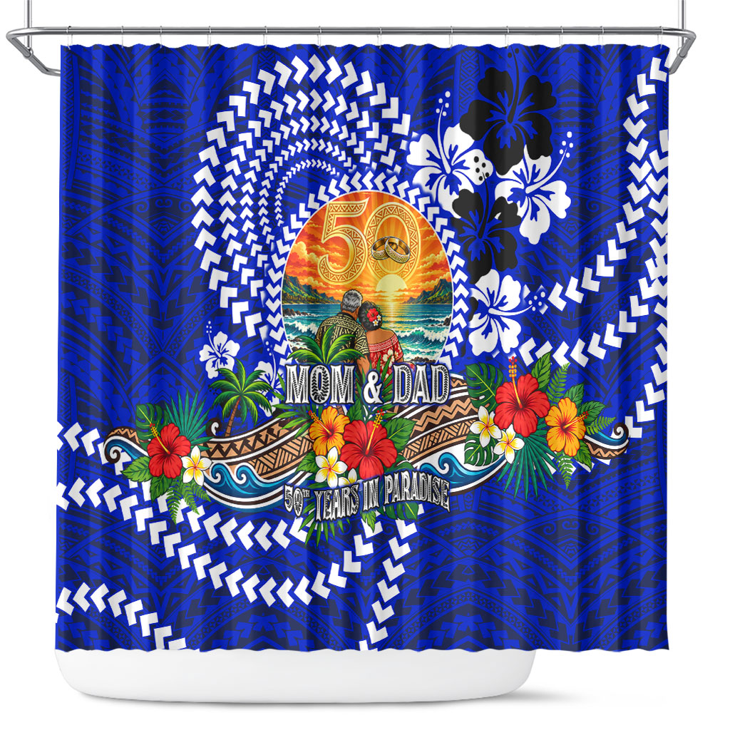 50th Anniversary Wedding Polynesian Shower Curtain Mom And Dad Floral Tribal Jubilee Tropical TS04 Blue - Polynesian Pride