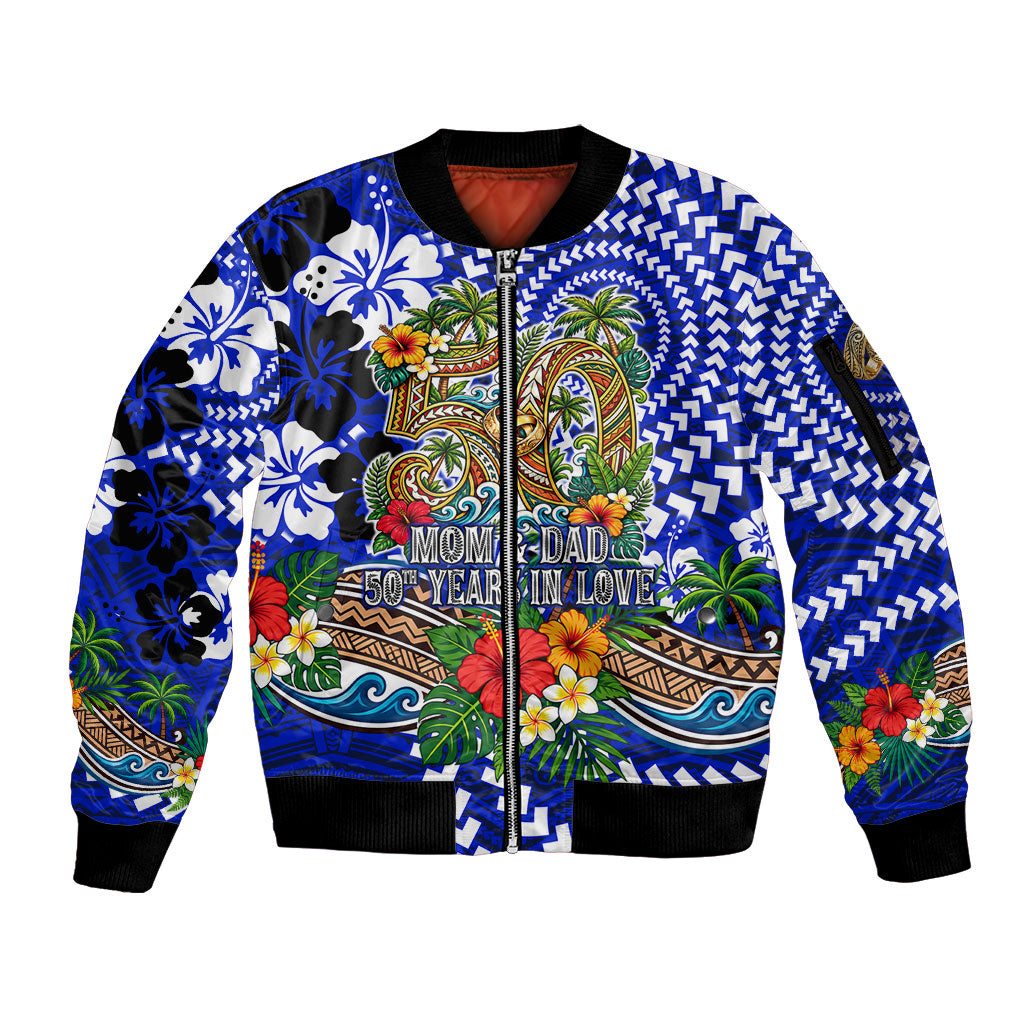 50th Anniversary Wedding Polynesian Sleeve Zip Bomber Jacket Mom And Dad Floral Tribal Jubilee Tropical TS04 Unisex Blue - Polynesian Pride