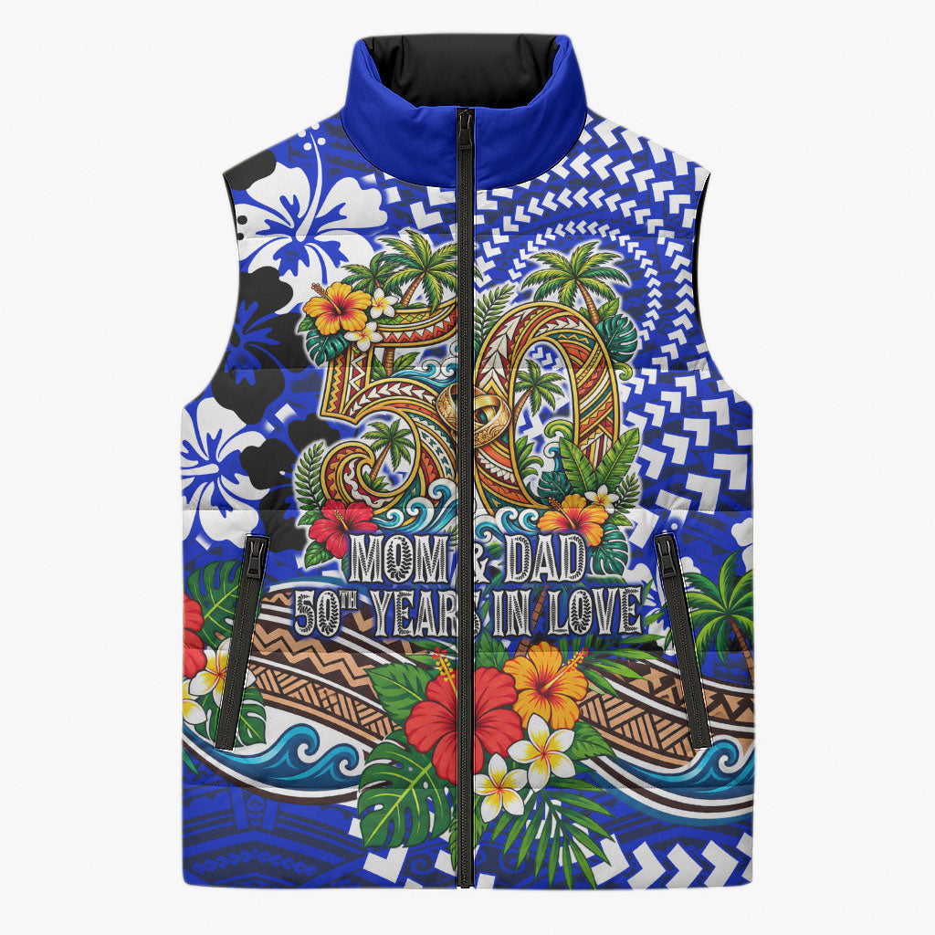50th Anniversary Wedding Polynesian Sleeveless Puffer Jacket Mom And Dad Floral Tribal Jubilee Tropical TS04 Unisex Blue - Polynesian Pride