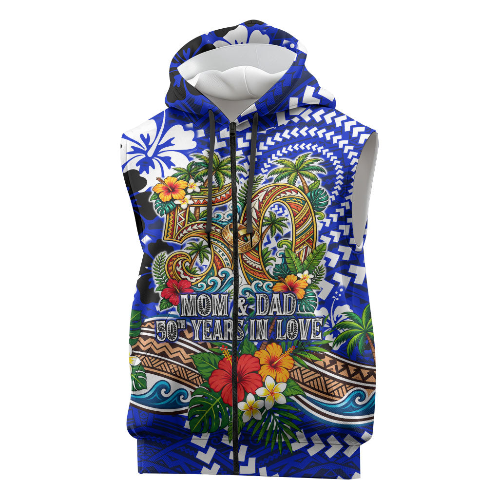 50th Anniversary Wedding Polynesian Sleeveless Zip Hoodie Mom And Dad Floral Tribal Jubilee Tropical TS04 Blue - Polynesian Pride