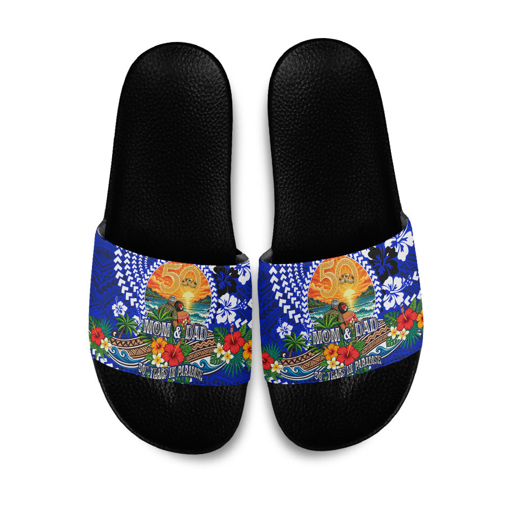 50th Anniversary Wedding Polynesian Slide Sandals Mom And Dad Floral Tribal Jubilee Tropical TS04 Blue - Polynesian Pride