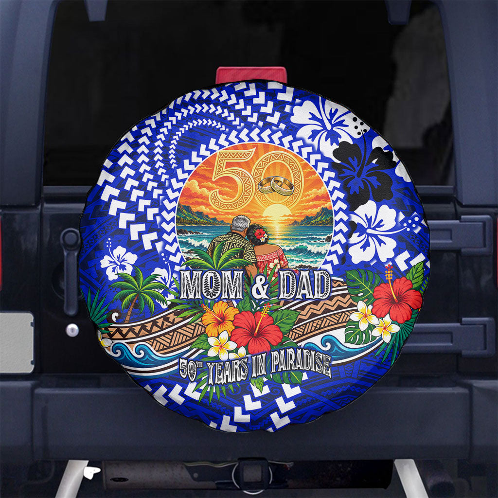 50th Anniversary Wedding Polynesian Spare Tire Cover Mom And Dad Floral Tribal Jubilee Tropical TS04 No hole Blue - Polynesian Pride