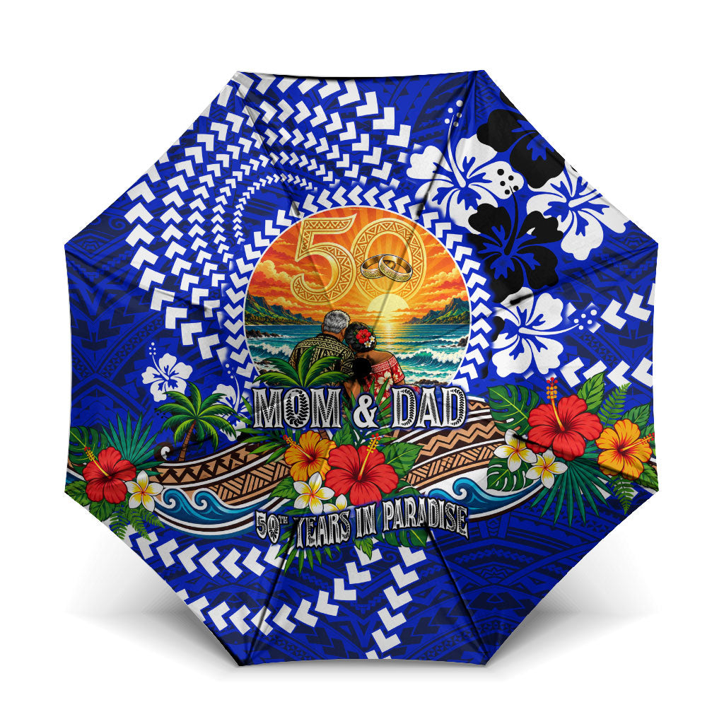 50th Anniversary Wedding Polynesian Umbrella Mom And Dad Floral Tribal Jubilee Tropical TS04 One Size Folded 11.42 inch Opened Diameter 37.4 inch Blue - Polynesian Pride