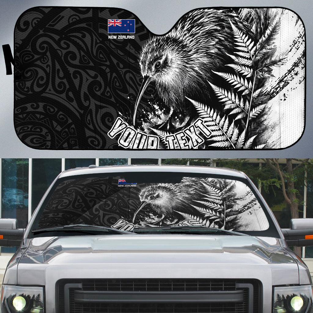 Personalized New Zealand Kiwi Bird Auto Sun Shade Grunge Maori Tribal Pattern Silver Fern TS04 Black White - Polynesian Pride