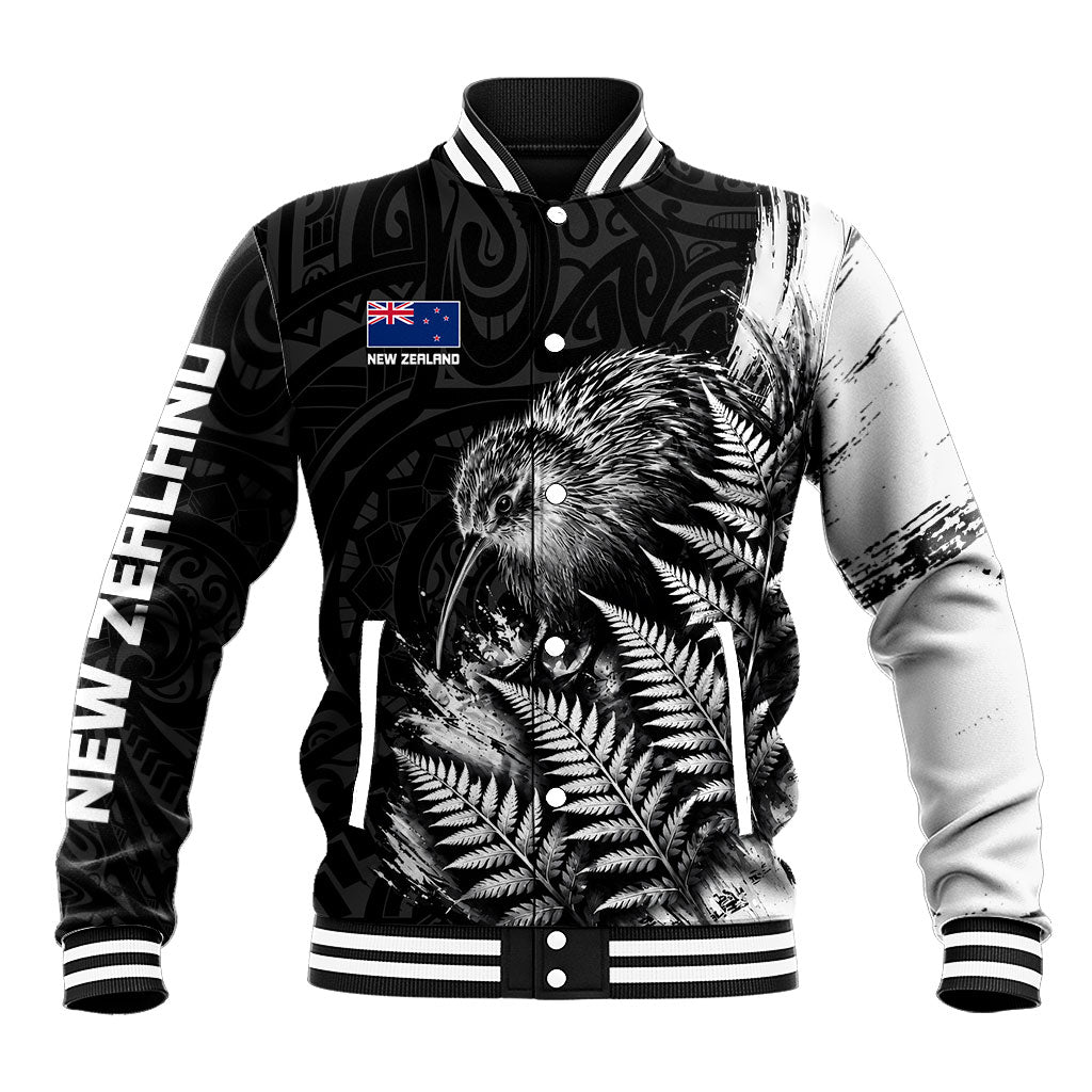 Personalized New Zealand Kiwi Bird Baseball Jacket Grunge Maori Tribal Pattern Silver Fern TS04 Unisex Black White - Polynesian Pride