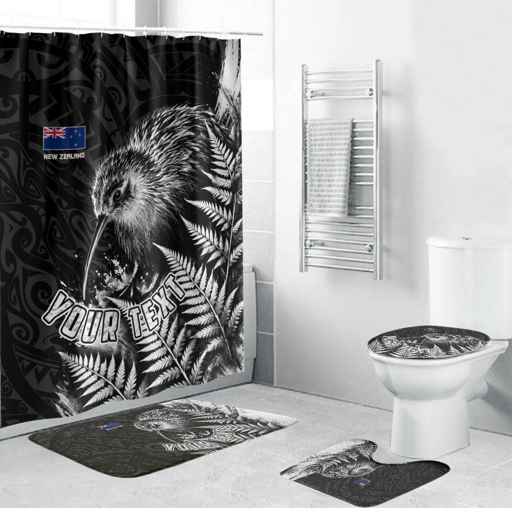 Personalized New Zealand Kiwi Bird Bathroom Set Grunge Maori Tribal Pattern Silver Fern TS04 Bathroom Set (4 pcs) Black White - Polynesian Pride