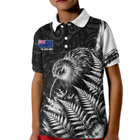 Personalized New Zealand Kiwi Bird Kid Polo Shirt Grunge Maori Tribal Pattern Silver Fern TS04 Kid Black White - Polynesian Pride