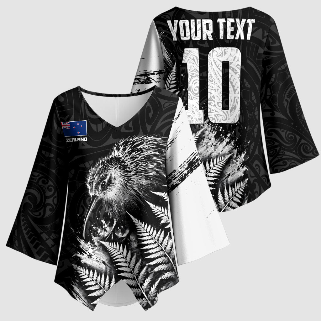 Personalized New Zealand Kiwi Bird Kimono Sleeve Blouse Grunge Maori Tribal Pattern Silver Fern TS04 - Polynesian Pride