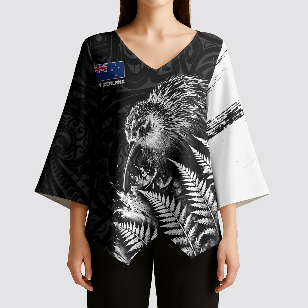 Personalized New Zealand Kiwi Bird Kimono Sleeve Blouse Grunge Maori Tribal Pattern Silver Fern TS04 - Polynesian Pride