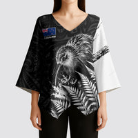 Personalized New Zealand Kiwi Bird Kimono Sleeve Blouse Grunge Maori Tribal Pattern Silver Fern TS04 - Polynesian Pride