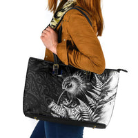 Personalized New Zealand Kiwi Bird Leather Tote Bag Grunge Maori Tribal Pattern Silver Fern TS04 Black White - Polynesian Pride