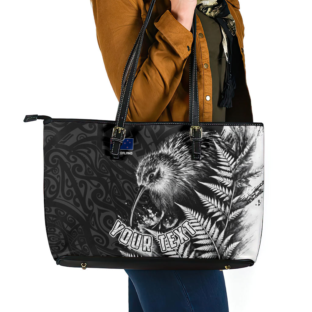 Personalized New Zealand Kiwi Bird Leather Tote Bag Grunge Maori Tribal Pattern Silver Fern TS04 - Polynesian Pride