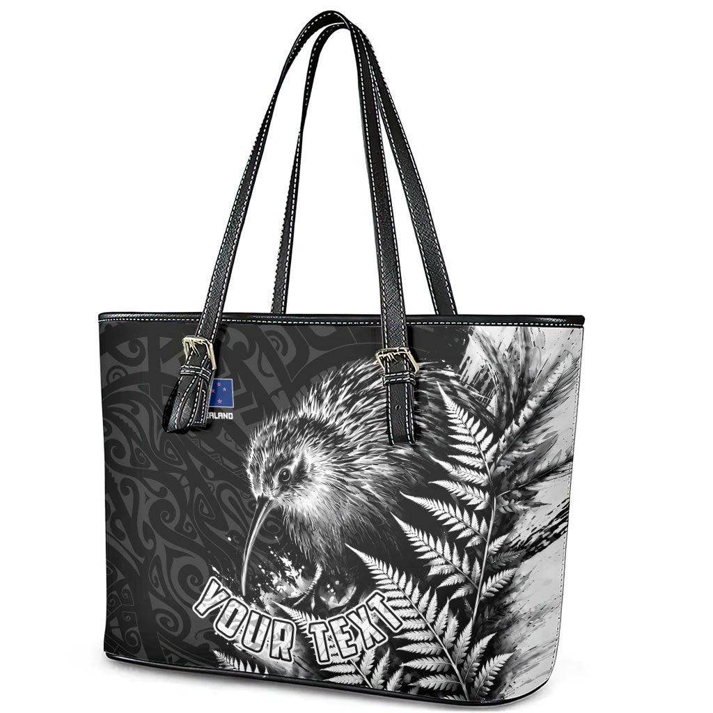 Personalized New Zealand Kiwi Bird Leather Tote Bag Grunge Maori Tribal Pattern Silver Fern TS04 - Polynesian Pride