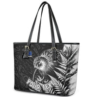 Personalized New Zealand Kiwi Bird Leather Tote Bag Grunge Maori Tribal Pattern Silver Fern TS04 - Polynesian Pride