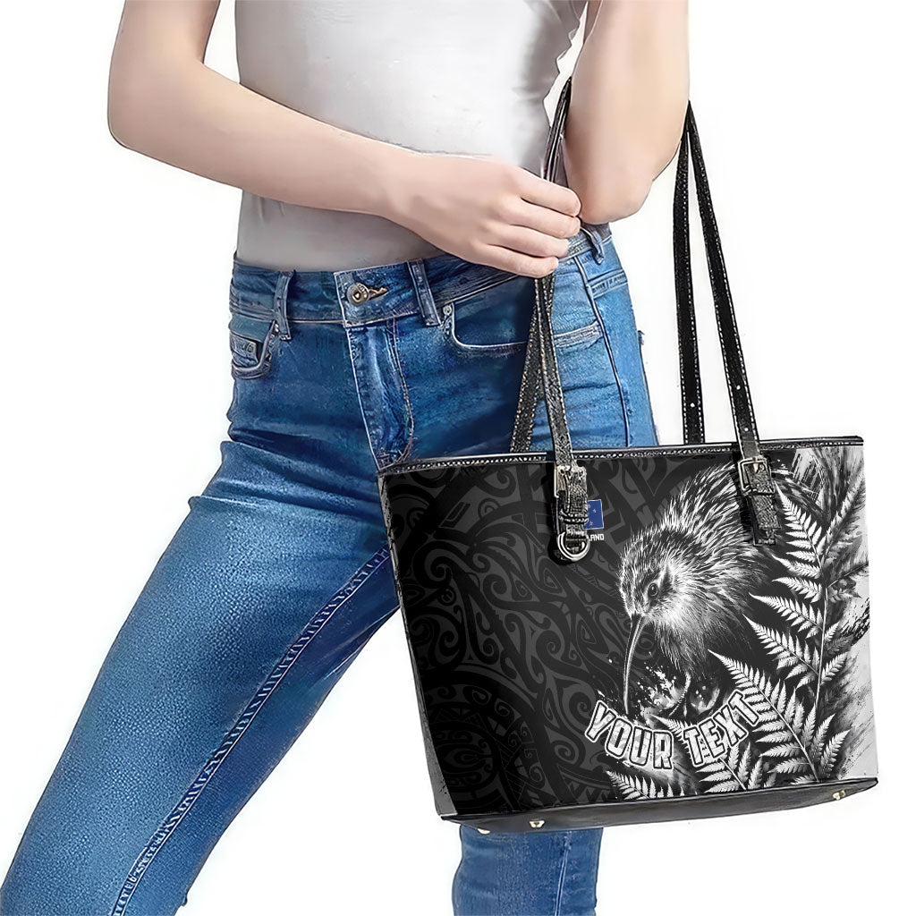 Personalized New Zealand Kiwi Bird Leather Tote Bag Grunge Maori Tribal Pattern Silver Fern TS04 - Polynesian Pride
