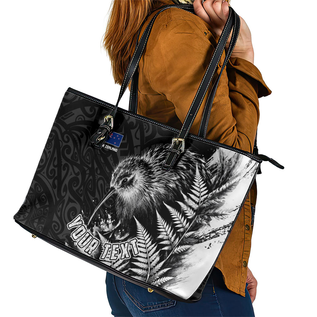Personalized New Zealand Kiwi Bird Leather Tote Bag Grunge Maori Tribal Pattern Silver Fern TS04 - Polynesian Pride