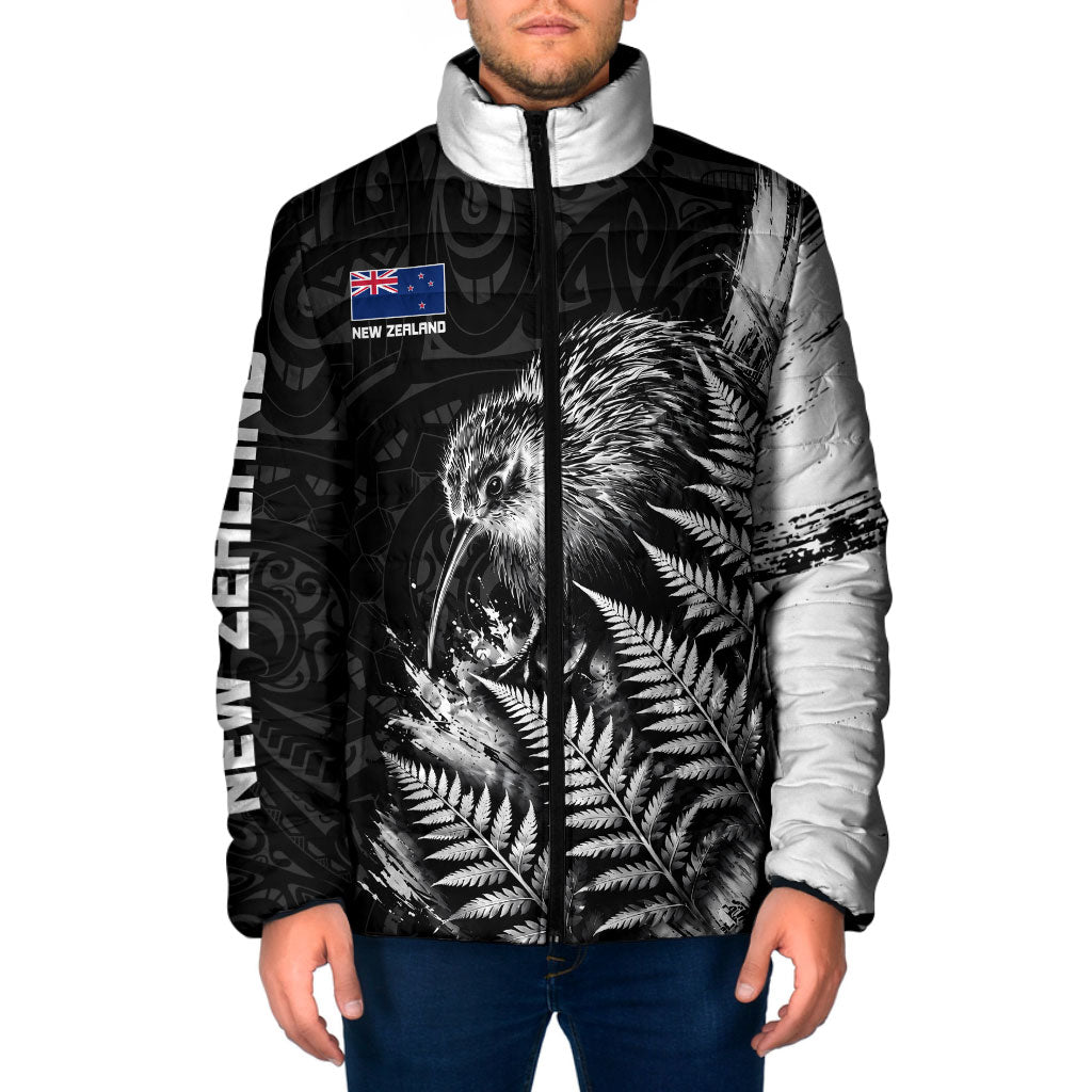 Personalized New Zealand Kiwi Bird Padded Jacket Grunge Maori Tribal Pattern Silver Fern TS04 Men Black White - Polynesian Pride