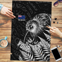 Personalized New Zealand Kiwi Bird Puzzle Grunge Maori Tribal Pattern Silver Fern TS04 Black White - Polynesian Pride